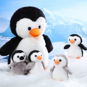 Harrycle 5 Pcs Penguin Plush Toy Set 1 Mommy Penguin Stuffed Animal with 4 Cute Babies in Her Belly 14 Inch Soft Cuddly Penguin Plushie for Kids Valentine's Day Birthday (Lovely Style)