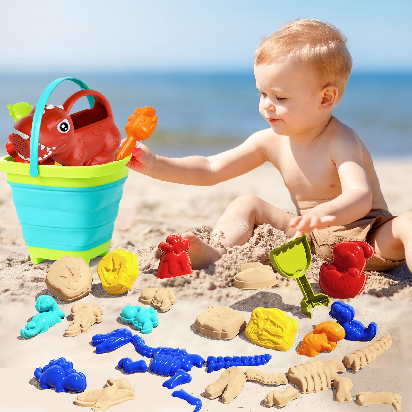 Lehoo Castle Beach Sand Toys, Sandbox Toys with Collapsible Sand Buckets and Shovels for Kids, Included Dinosaur Sand Molds, Mesh Bag, Watering Can, Summer Outdoor Toys for Boys Girls