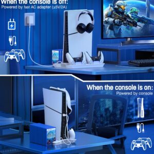 PS5 Slim Stand and Cooling Station with Controller Charging Station for Playsation 5 Slim/PS5 Disc Digital Console, PS5 Accessories Incl. 3 Levels Cooling Fan, 13 Game Slots, 3 USB HUB, Headset Holder