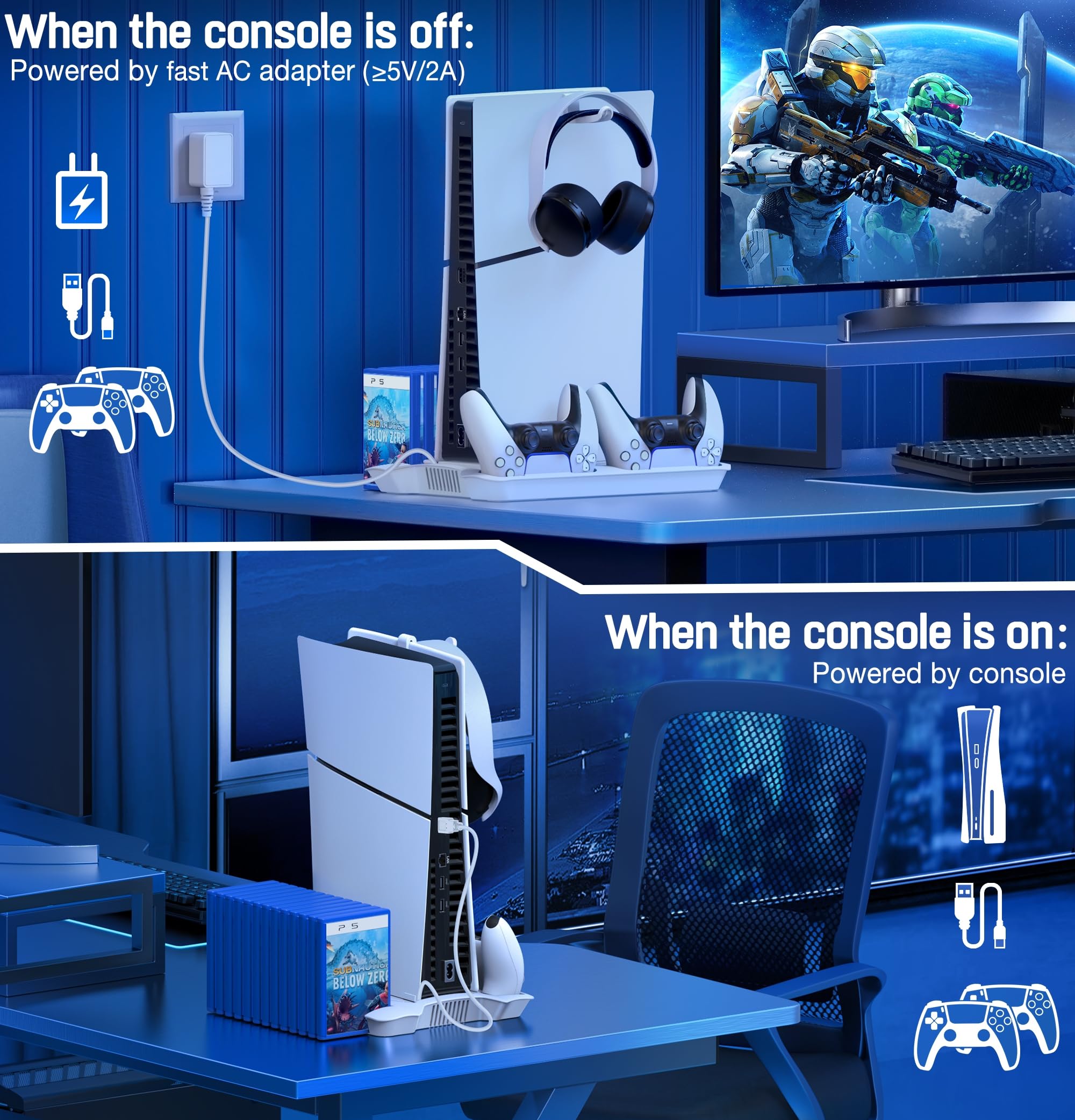 PS5 Slim Stand and Cooling Station with Controller Charging Station for Playsation 5 Slim/PS5 Disc Digital Console, PS5 Accessories Incl. 3 Levels Cooling Fan, 13 Game Slots, 3 USB HUB, Headset Holder