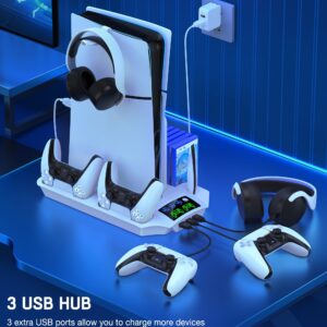 PS5 Slim Stand and Cooling Station with Controller Charging Station for Playsation 5 Slim/PS5 Disc Digital Console, PS5 Accessories Incl. 3 Levels Cooling Fan, 13 Game Slots, 3 USB HUB, Headset Holder