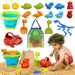 Lehoo Castle Beach Sand Toys, Sandbox Toys with Collapsible Sand Buckets and Shovels for Kids, Included Dinosaur Sand Molds, Mesh Bag, Watering Can, Summer Outdoor Toys for Boys Girls