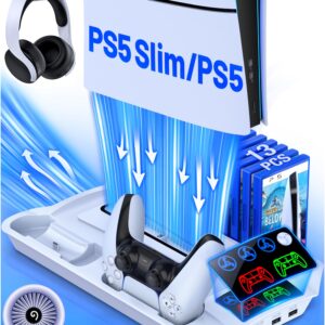 PS5 Slim Stand and Cooling Station with Controller Charging Station for Playsation 5 Slim/PS5 Disc Digital Console, PS5 Accessories Incl. 3 Levels Cooling Fan, 13 Game Slots, 3 USB HUB, Headset Holder