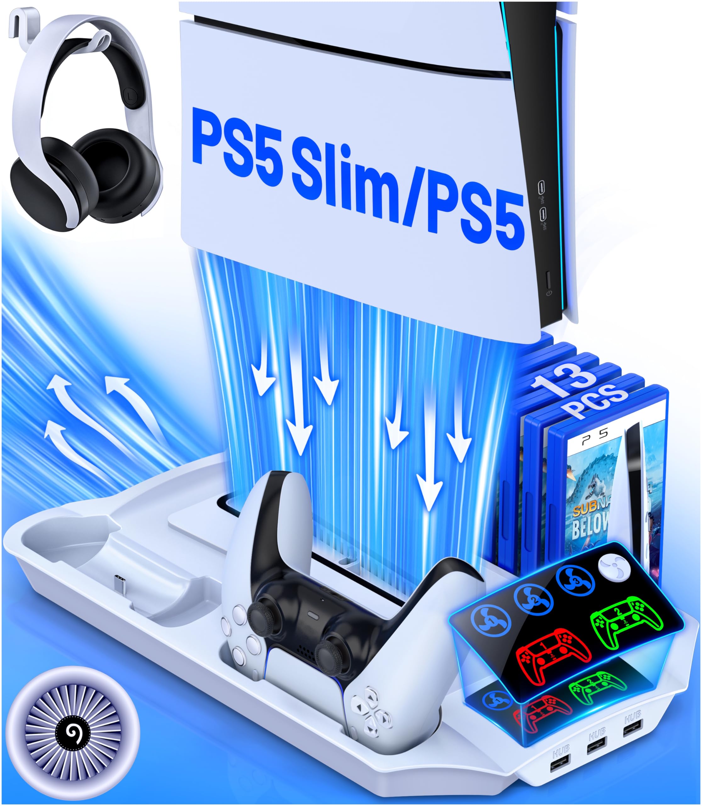 PS5 Slim Stand and Cooling Station with Controller Charging Station for Playsation 5 Slim/PS5 Disc Digital Console, PS5 Accessories Incl. 3 Levels Cooling Fan, 13 Game Slots, 3 USB HUB, Headset Holder