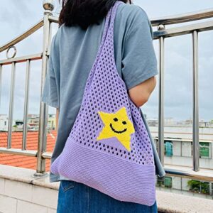 Women Y2K Hobo Bag Trendy Star Pattern Knitted Shoulder Bags Hollow Out Tote Bag Aesthetic Casual Beach Bag (Purple)