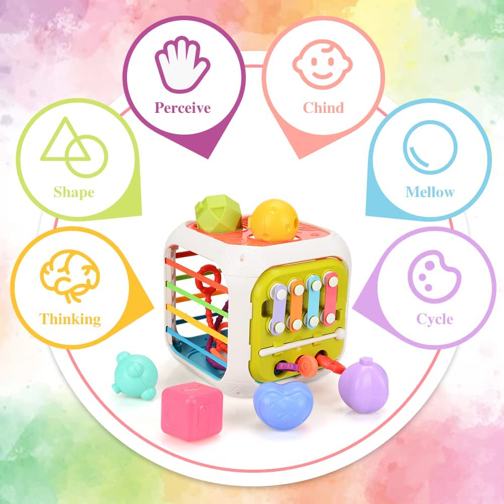 KISPATTI Baby Toys Montessori Toys 6-12 Months, 7 in 1 Montessori Toys Set with Pull String, Shape Sorter, Stacking Building Blocks Toys for Toddlers 1-3, Fat Brain Toys for 6+ Month Old