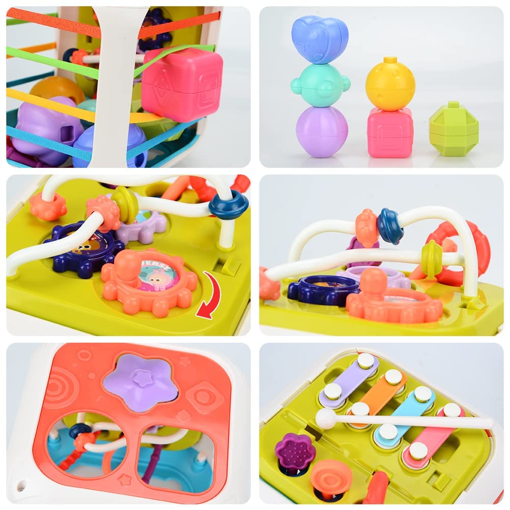 KISPATTI Baby Toys Montessori Toys 6-12 Months, 7 in 1 Montessori Toys Set with Pull String, Shape Sorter, Stacking Building Blocks Toys for Toddlers 1-3, Fat Brain Toys for 6+ Month Old