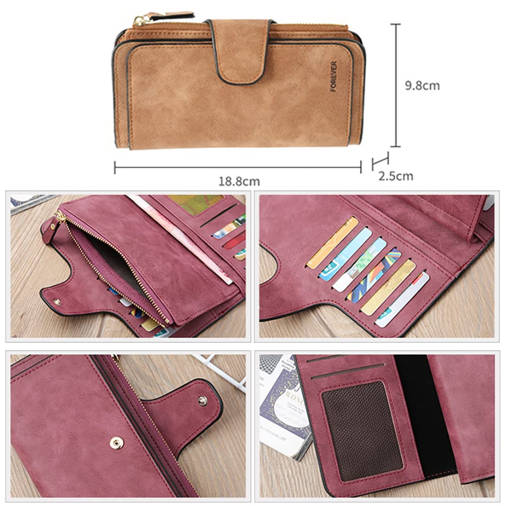 Surakey Women Wallet Leather Blocking Designer Trifold Card Holder Ladies Clutch with ID Card Purse Large Capacity Bag Gift, Claret