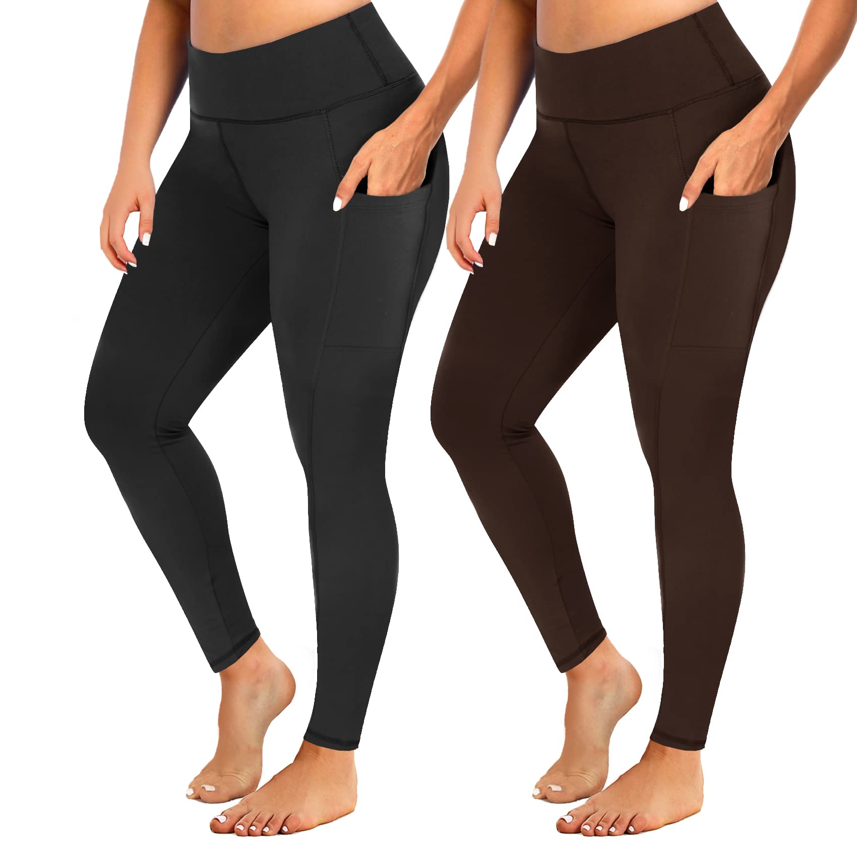 YOLIX 2 Pack Plus Size Leggings with Pockets for Women, High Waisted Tummy Control Soft Black Workout Yoga Pants