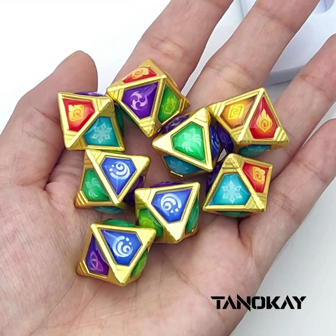 Genius Invokation TCG Dice Set, Handmade 8 Pcs Rhombic Solid polyhedral Dices Set with 7 Elemental Die & 1 Omni Element for Genshin Impact Card Game