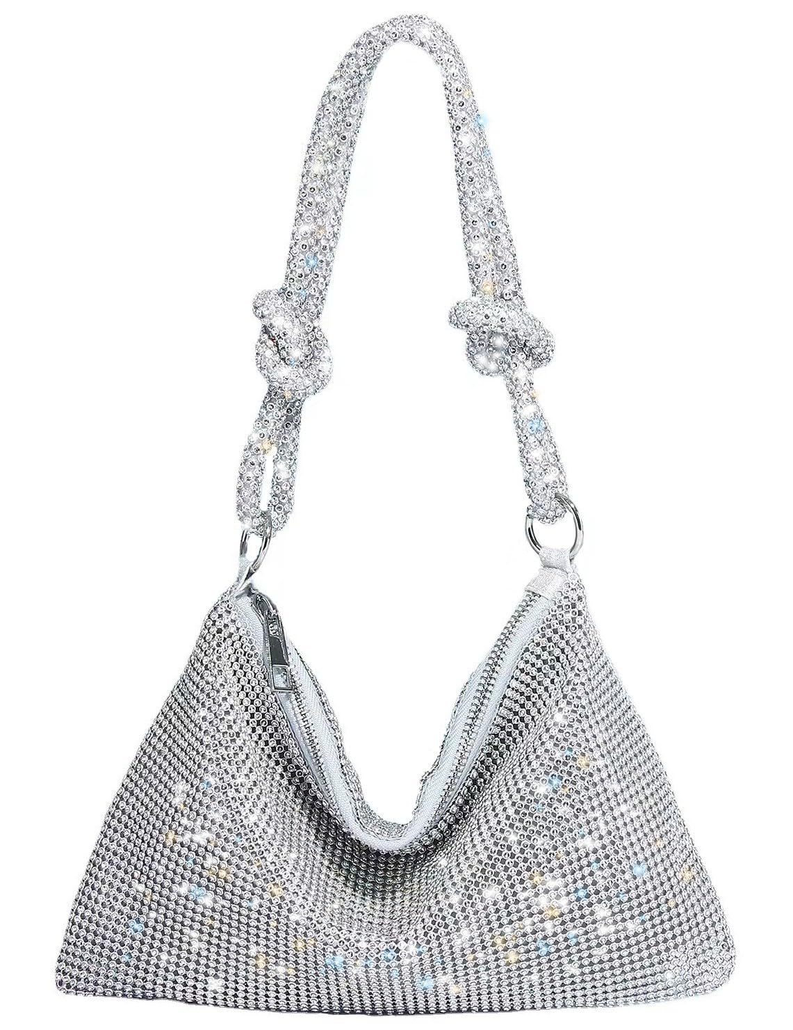 RichCoco Rhinestone Evening Purses for Women Hobo Bags Chic Sparkly Crystal Cluth Purse Bling Shiny Handbag for Party Club (Silver)