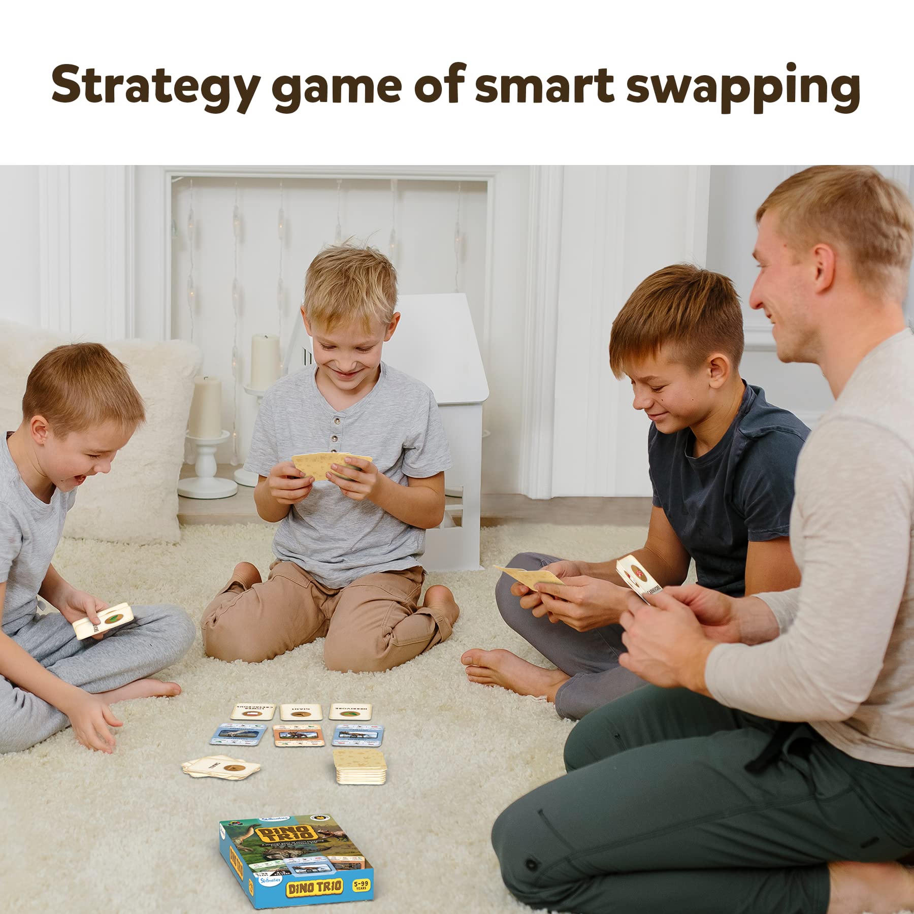 Skillmatics Card Game - Dino Trio, A Smart Swapping Dinosaur Themed Strategy Game for Kids, Teens & Adults