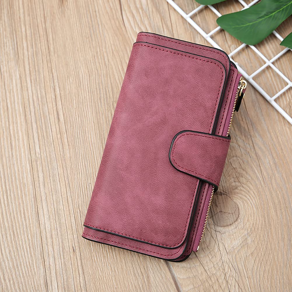 Surakey Women Wallet Leather Blocking Designer Trifold Card Holder Ladies Clutch with ID Card Purse Large Capacity Bag Gift, Claret