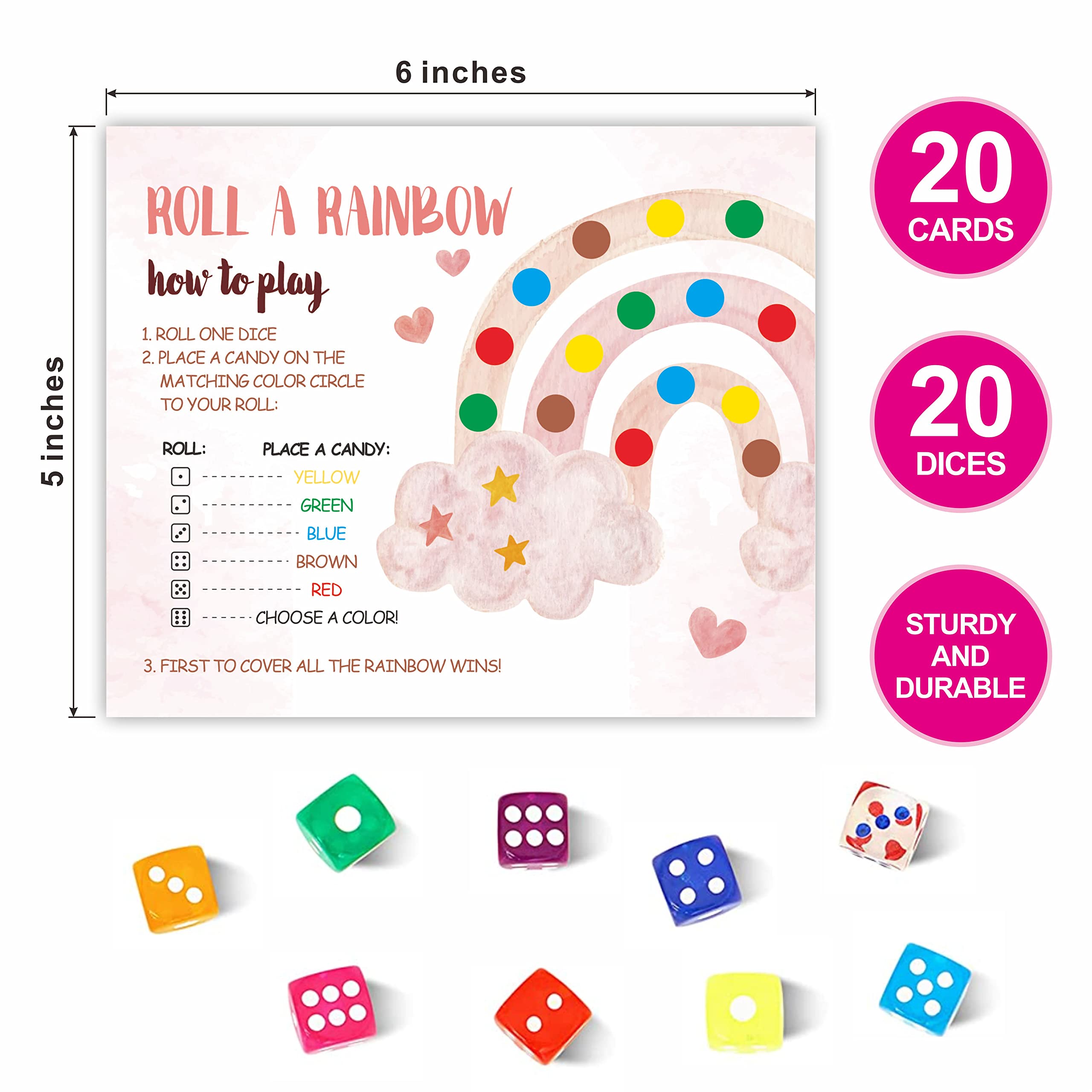 DYIRBIIY 5" x 6" Valentine's Day Party Kids Table Game | Rolling A Rainbow Roll The Dice Game| Valentines Day Dice Game for Kids | 20 Play Cards 20 Colored Dices -TZYX-A05