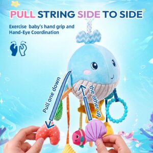 Jollybaby Plush Stuffed Activity Pull String Hanging Toys for Stroller Car Seat Crib or Gym, Montessori Sensory Carseat Toy for Baby 0-3-6-12-18 Months, Whale Toy for Infant Baby Boy Girl Gifts