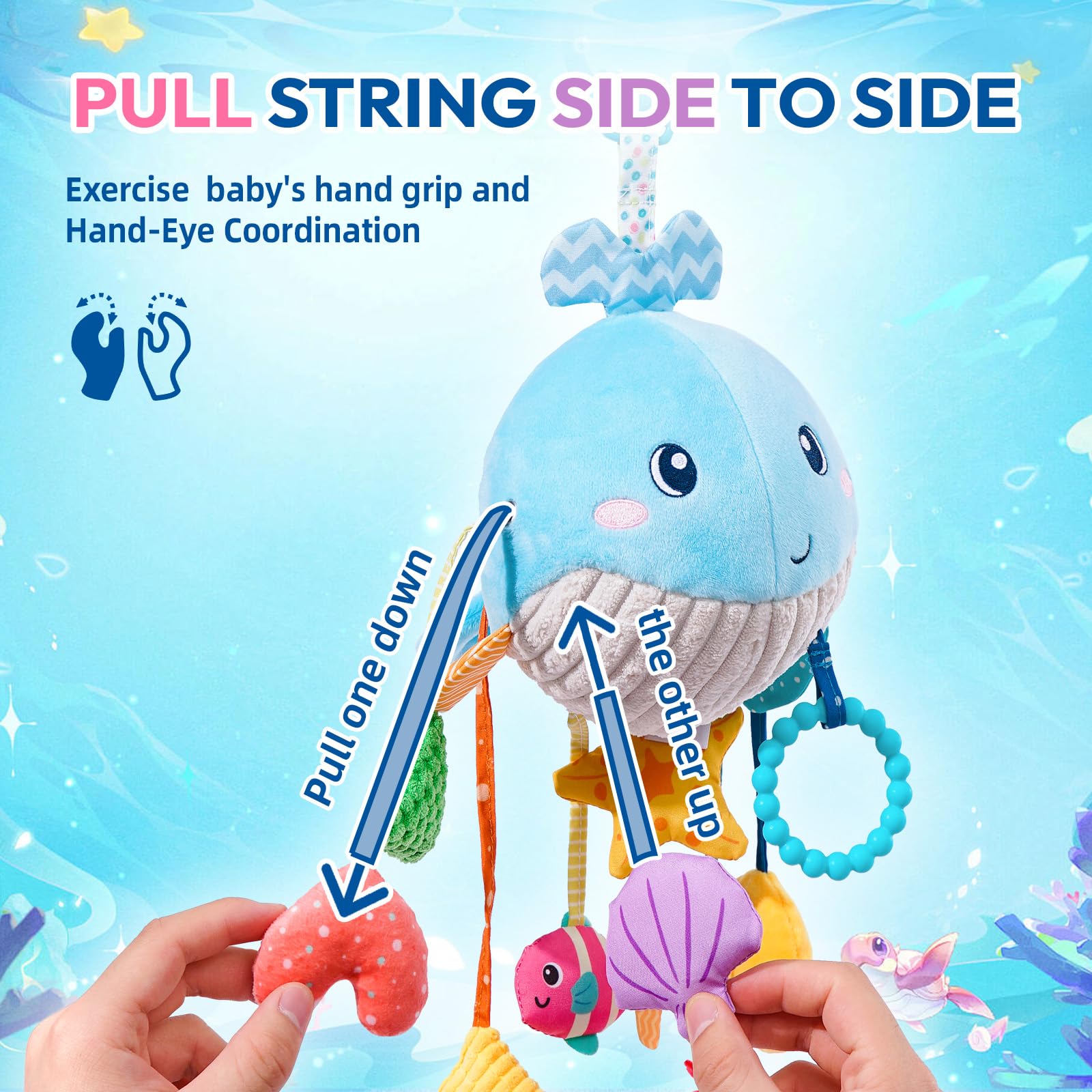 Jollybaby Plush Stuffed Activity Pull String Hanging Toys for Stroller Car Seat Crib or Gym, Montessori Sensory Carseat Toy for Baby 0-3-6-12-18 Months, Whale Toy for Infant Baby Boy Girl Gifts