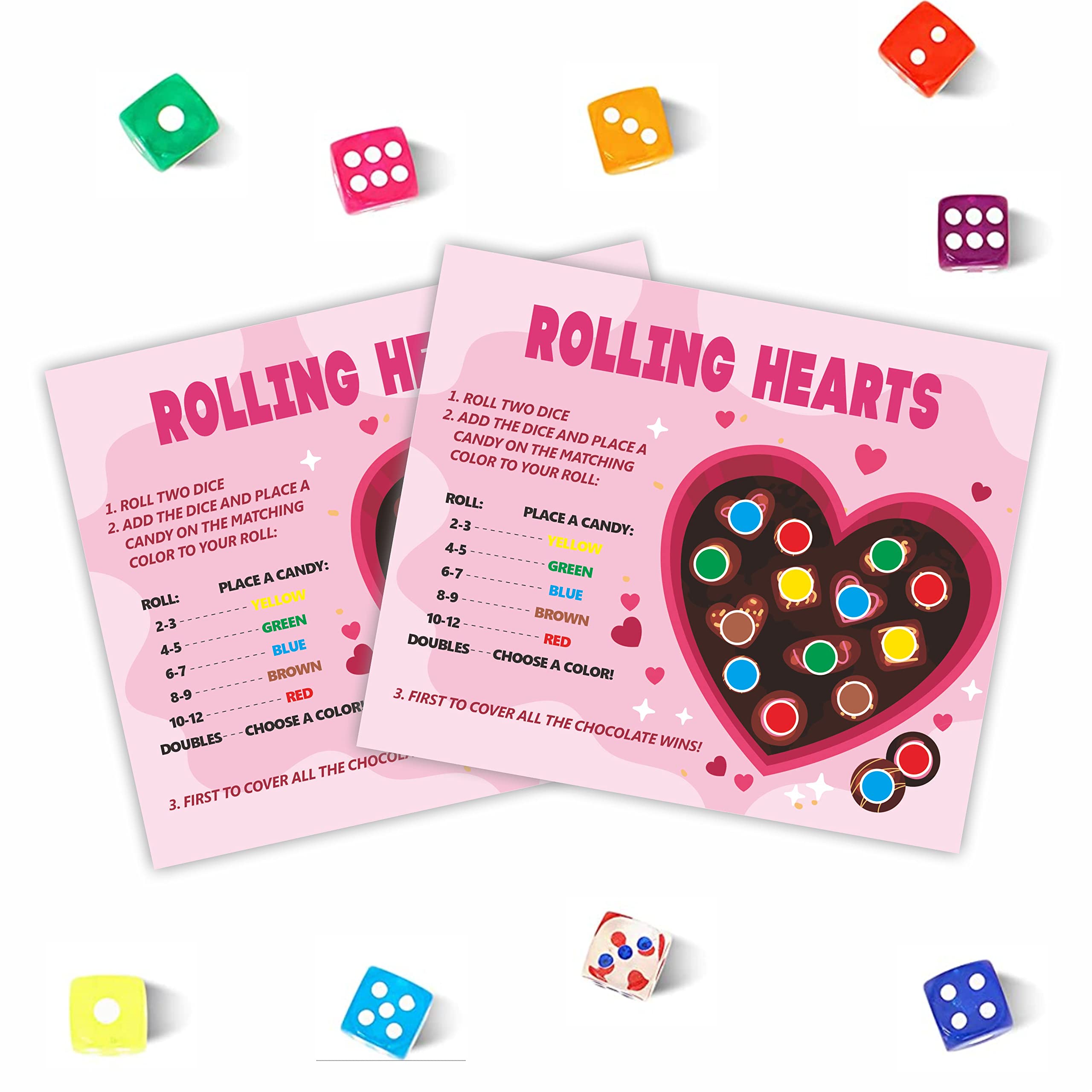 DYIRBIIY 5" x 6" Fall Party Table Game | Rolling Hearts Roll The Dice Game| Easter Hearts Dice Game for Valentine's Day | 10 Play Cards 20 Colored Dices -TZYX-B04