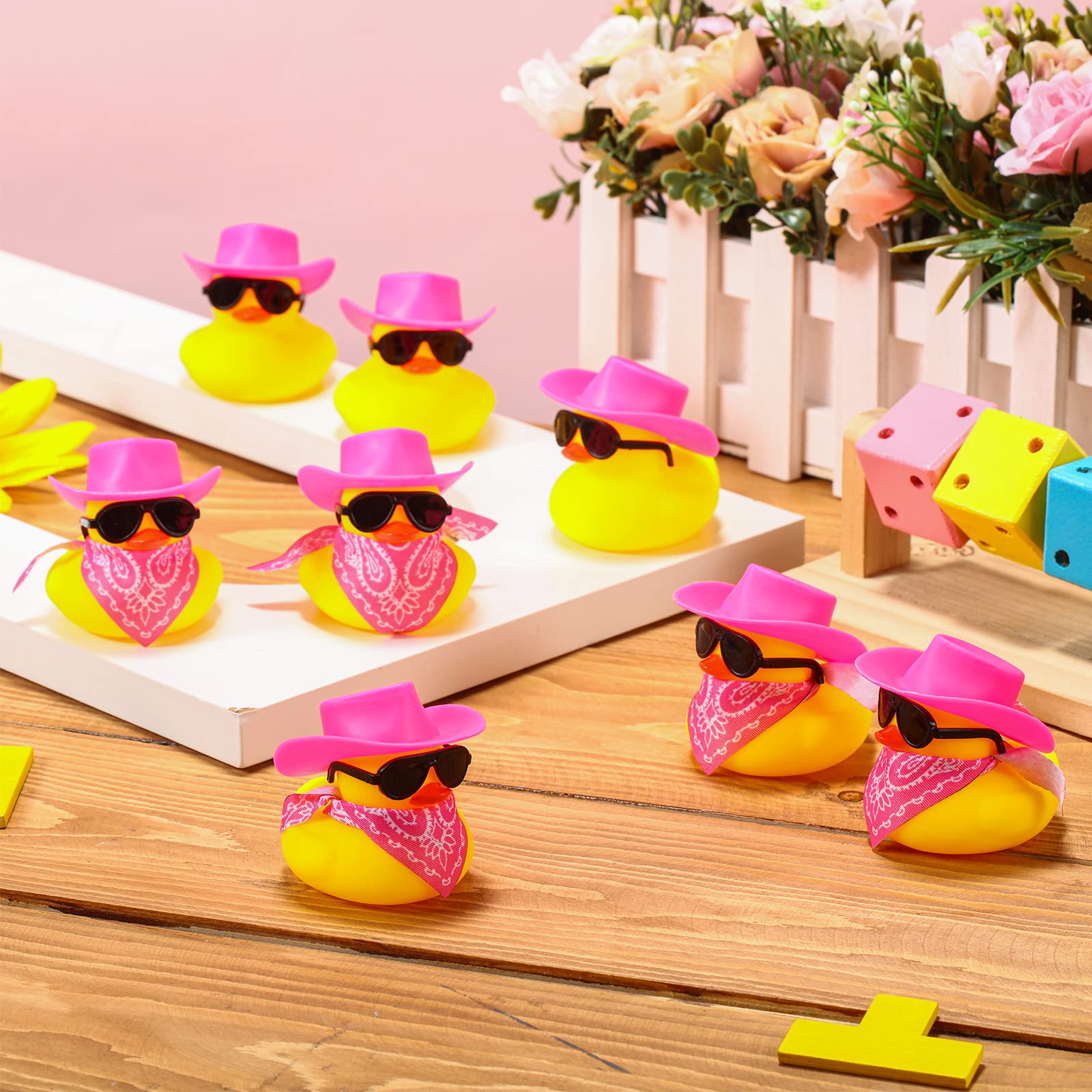 24 Set Cowboy Rubber Duck Mini Yellow Duckies Bath Party Toy Tiny Ducks Bathtub Toy with Cowboy Hat Paisley Bandanas Sunglasses for Summer Baby Shower Birthday Swimming Party Favor (Elegant Style)