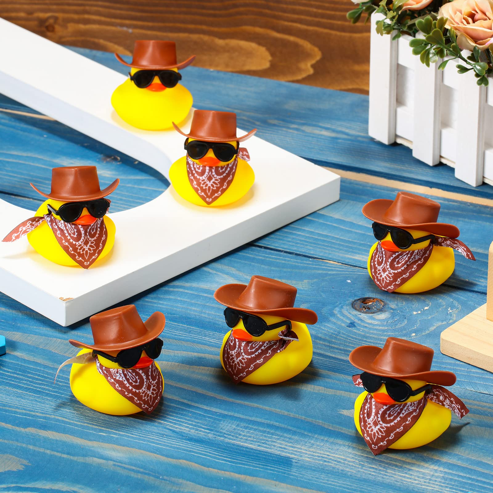 24 Set Cowboy Rubber Duck Mini Yellow Duckies Bath Party Toy Tiny Ducks Bathtub Toy with Cowboy Hat Paisley Bandanas Sunglasses for Summer Baby Shower Birthday Swimming Party Favor (Classic Style)