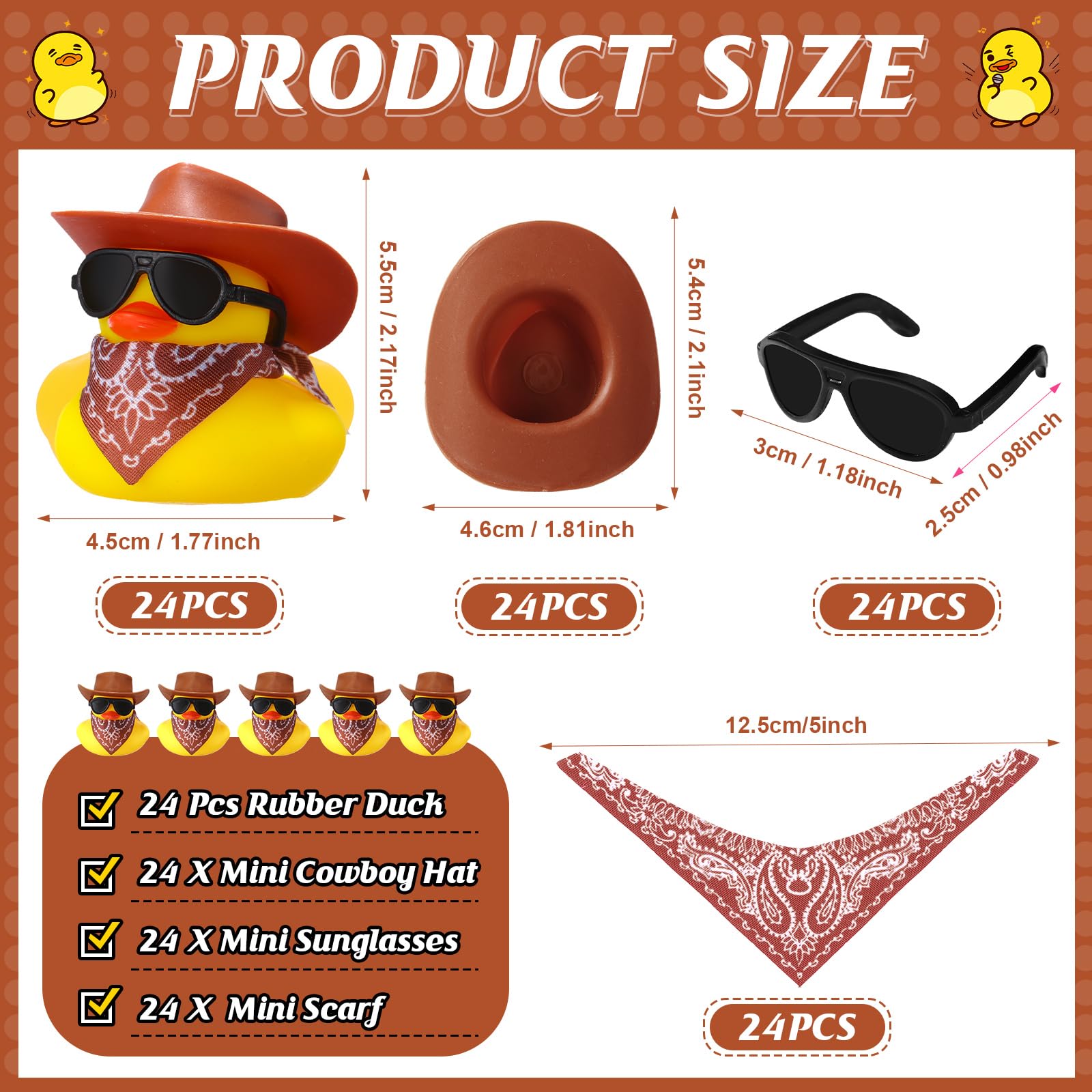 24 Set Cowboy Rubber Duck Mini Yellow Duckies Bath Party Toy Tiny Ducks Bathtub Toy with Cowboy Hat Paisley Bandanas Sunglasses for Summer Baby Shower Birthday Swimming Party Favor (Classic Style)