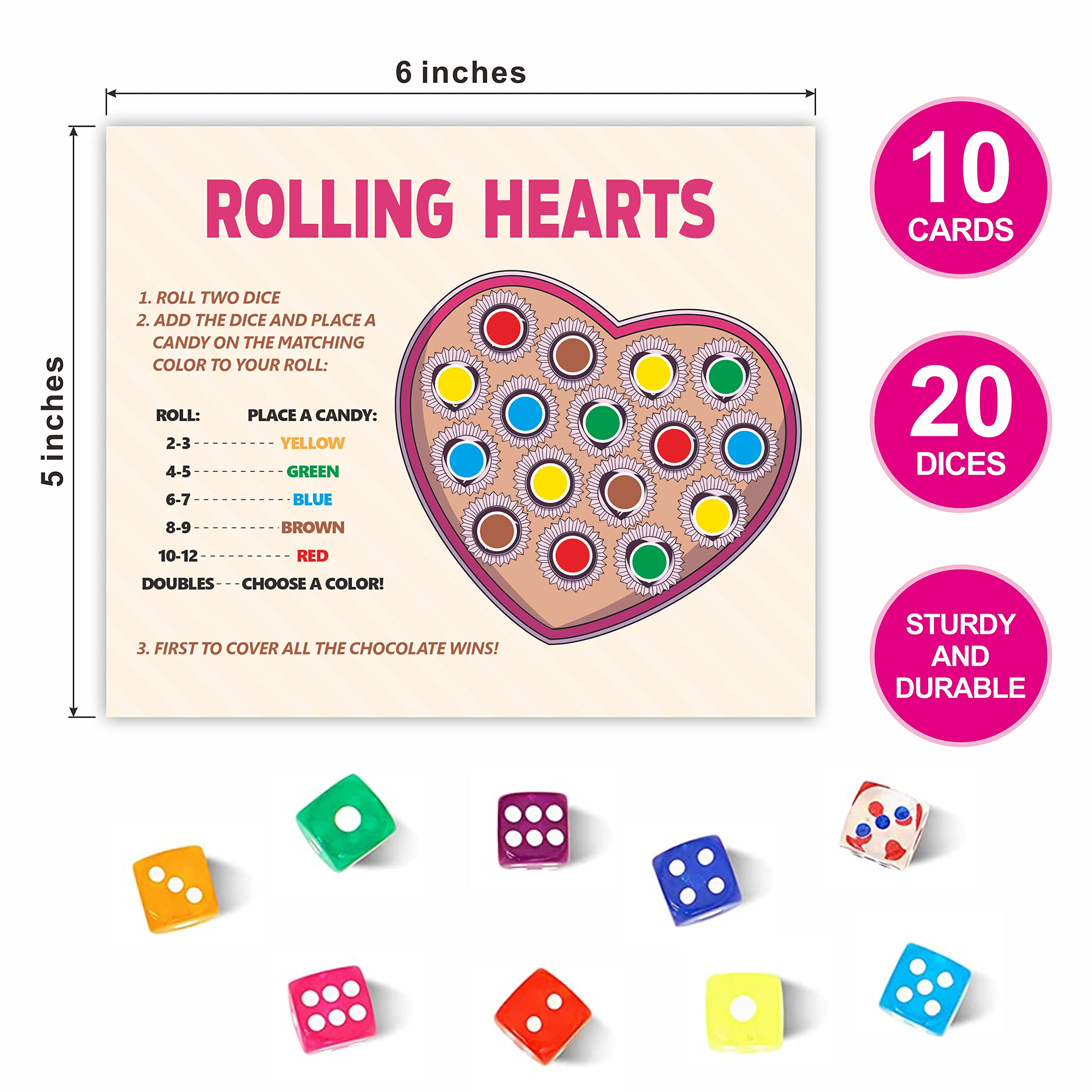 DYIRBIIY 5" x 6" Rolling Hearts Party Kids Table Game | Happy Easter Roll The Dice Game| Dice Game for Kids | 10 Play Cards 20 Colored Dices -TZYX-B03