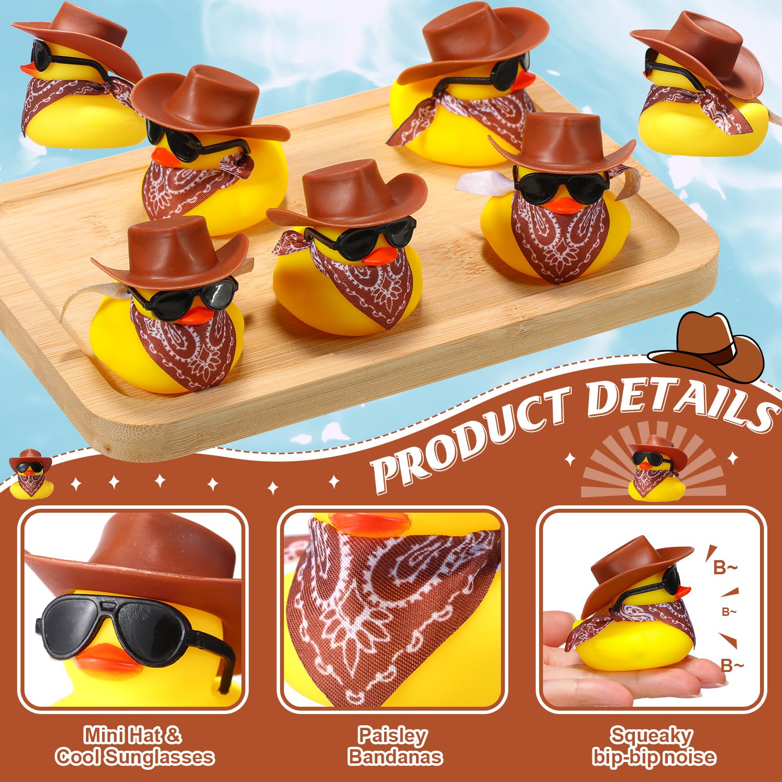 24 Set Cowboy Rubber Duck Mini Yellow Duckies Bath Party Toy Tiny Ducks Bathtub Toy with Cowboy Hat Paisley Bandanas Sunglasses for Summer Baby Shower Birthday Swimming Party Favor (Classic Style)