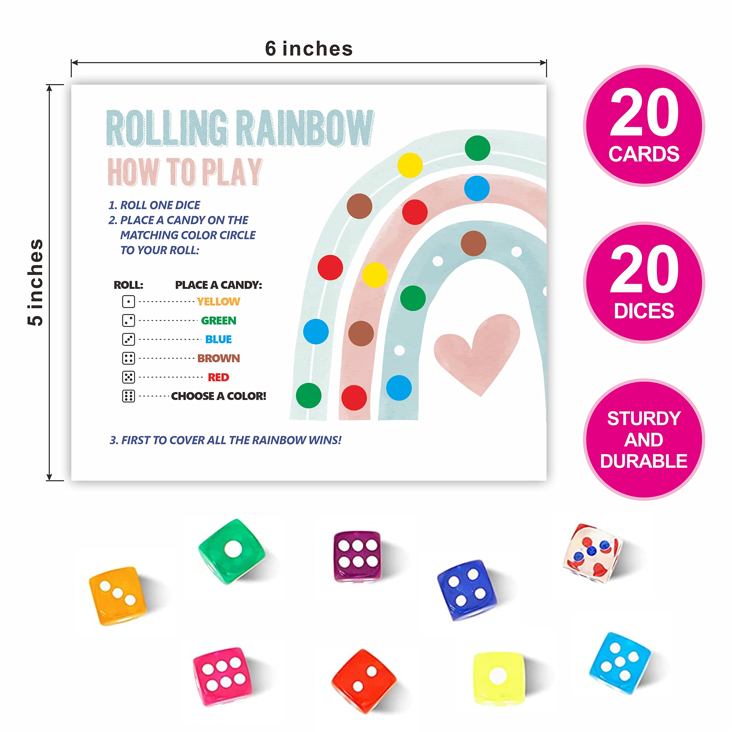 DYIRBIIY 5" x 6" Party Kids Table Game | Rolling A Rainbow Roll The Dice Game| Watercolor Rainbow Dice Game for Kids | 20 Play Cards 20 Colored Dices -TZYX-A08