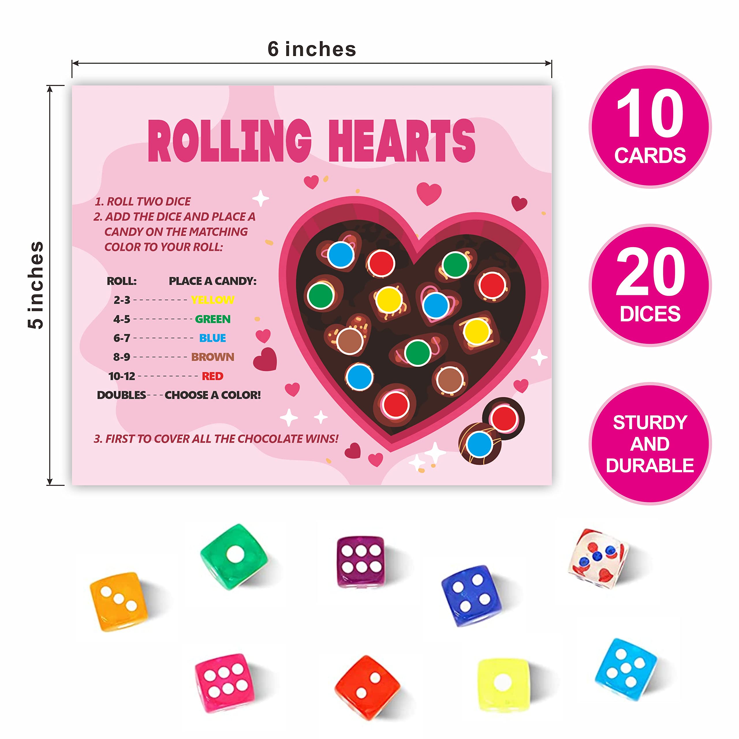 DYIRBIIY 5" x 6" Fall Party Table Game | Rolling Hearts Roll The Dice Game| Easter Hearts Dice Game for Valentine's Day | 10 Play Cards 20 Colored Dices -TZYX-B04