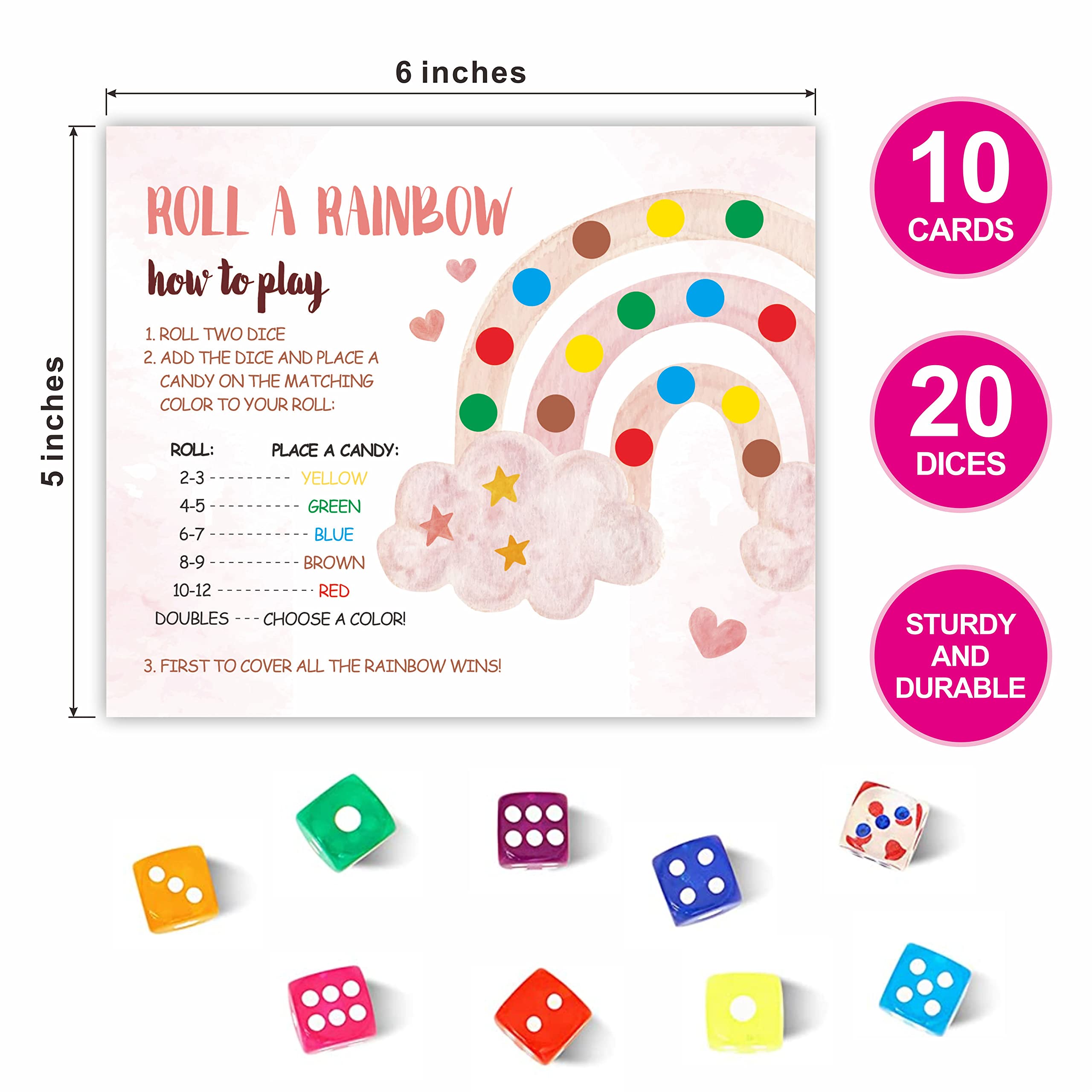 DYIRBIIY 5" x 6" Valentine's Day Party Kids Table Game | Rolling A Rainbow Roll The Dice Game| Valentines Day Dice Game for Kids | 10 Play Cards 20 Colored Dices -TZYX-B05