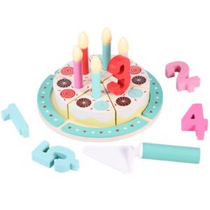 Birthday Cake Cutting Toys, Wooden Play Food Set for Kids Toddlers, Pretend Play Kitchen Toys for Boys Girls