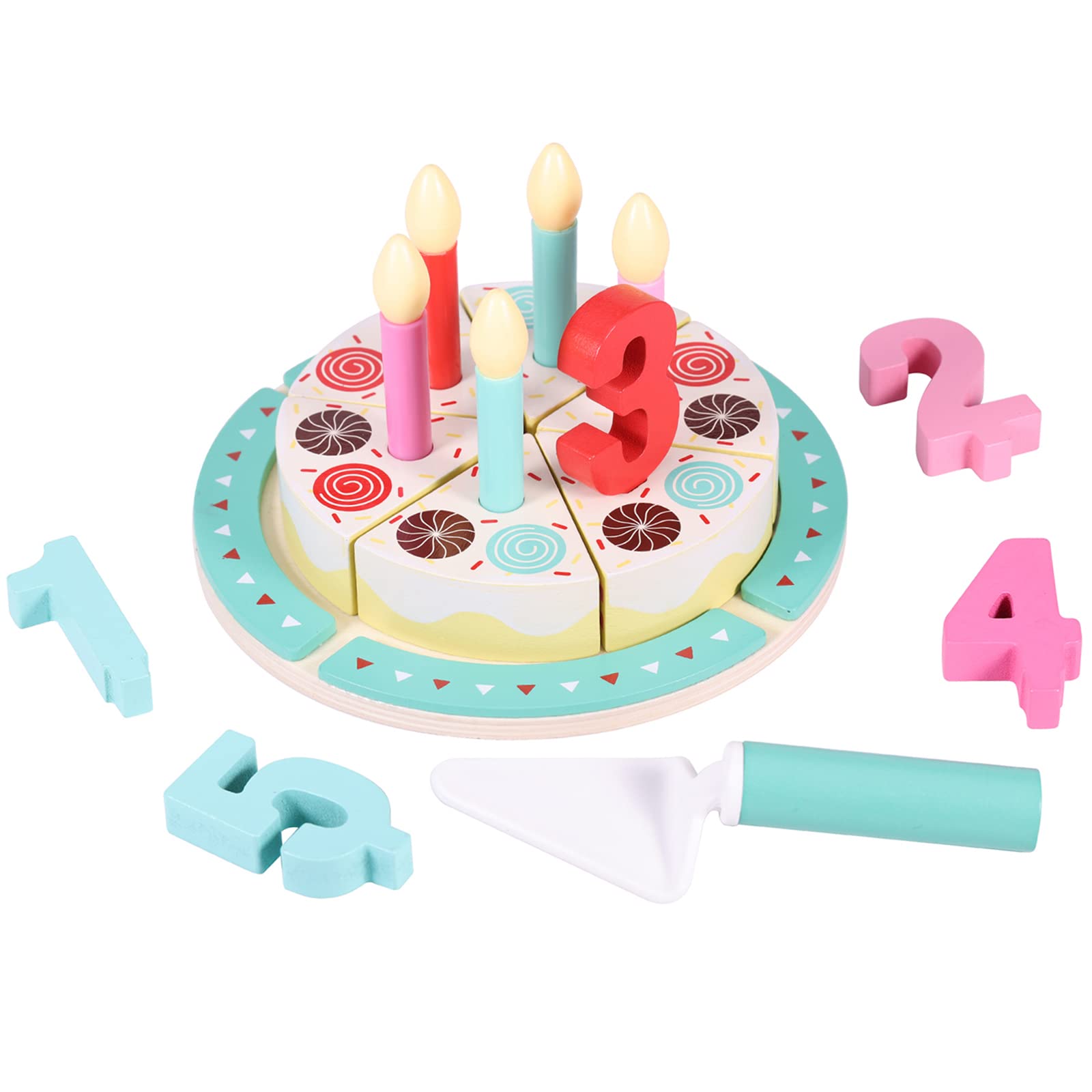 Birthday Cake Cutting Toys, Wooden Play Food Set for Kids Toddlers, Pretend Play Kitchen Toys for Boys Girls