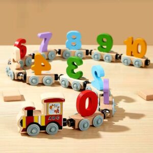 SHIMANDA 12 PCS Wooden Magnetic Train Cars Toy, Magnetic Train Toys Set Includes Locomotive & 11 Pieces Train Cars, Count and Color Educational Learning Toys for Kids Boys and Girls (Number)