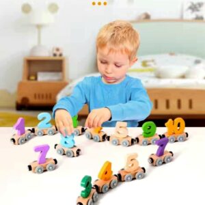 SHIMANDA 12 PCS Wooden Magnetic Train Cars Toy, Magnetic Train Toys Set Includes Locomotive & 11 Pieces Train Cars, Count and Color Educational Learning Toys for Kids Boys and Girls (Number)