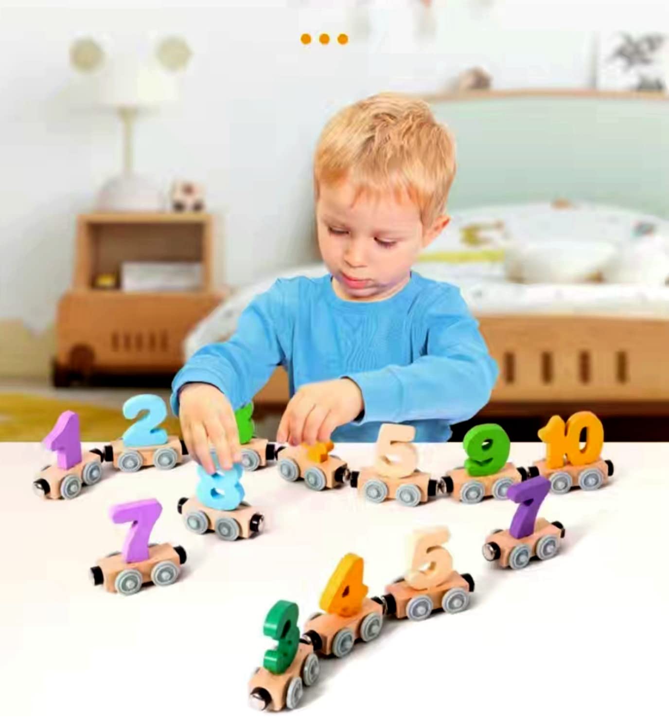 SHIMANDA 12 PCS Wooden Magnetic Train Cars Toy, Magnetic Train Toys Set Includes Locomotive & 11 Pieces Train Cars, Count and Color Educational Learning Toys for Kids Boys and Girls (Number)