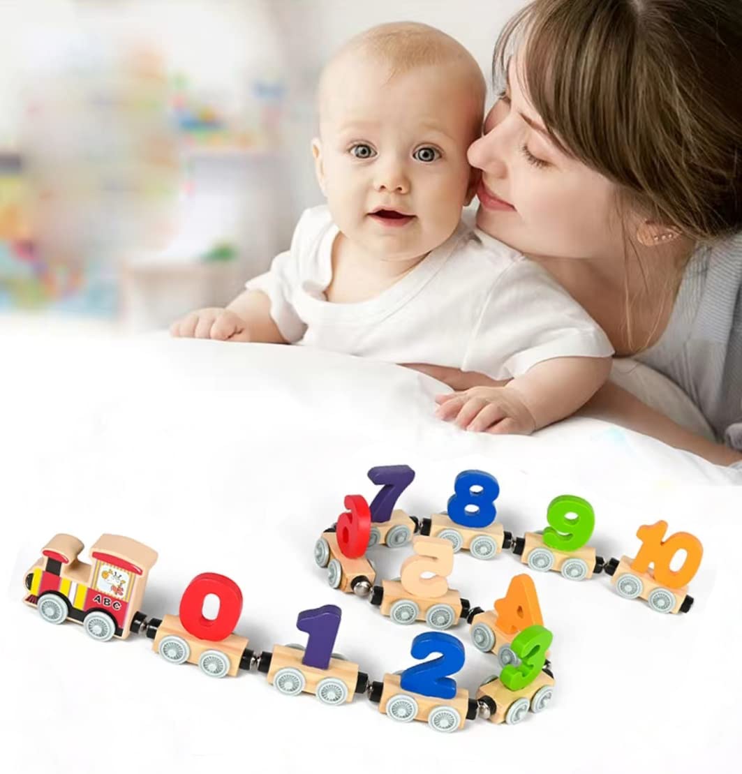 SHIMANDA 12 PCS Wooden Magnetic Train Cars Toy, Magnetic Train Toys Set Includes Locomotive & 11 Pieces Train Cars, Count and Color Educational Learning Toys for Kids Boys and Girls (Number)