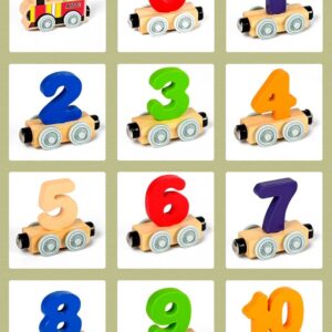 SHIMANDA 12 PCS Wooden Magnetic Train Cars Toy, Magnetic Train Toys Set Includes Locomotive & 11 Pieces Train Cars, Count and Color Educational Learning Toys for Kids Boys and Girls (Number)