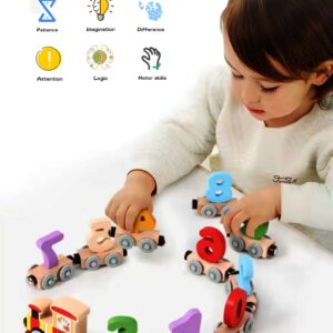 SHIMANDA 12 PCS Wooden Magnetic Train Cars Toy, Magnetic Train Toys Set Includes Locomotive & 11 Pieces Train Cars, Count and Color Educational Learning Toys for Kids Boys and Girls (Number)