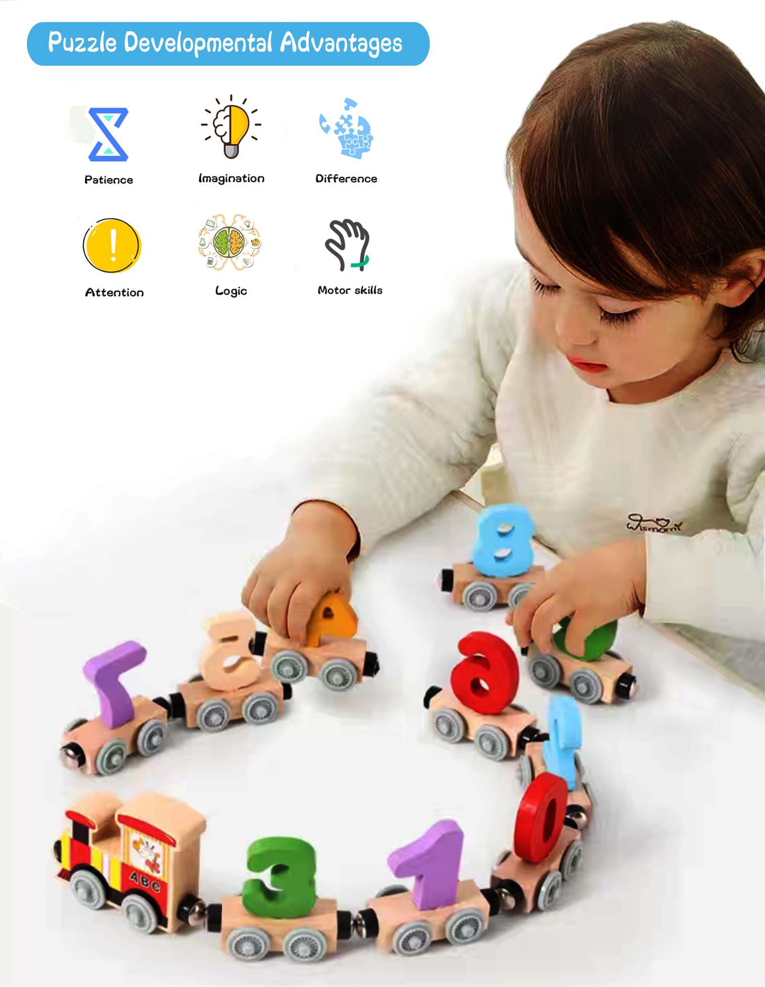 SHIMANDA 12 PCS Wooden Magnetic Train Cars Toy, Magnetic Train Toys Set Includes Locomotive & 11 Pieces Train Cars, Count and Color Educational Learning Toys for Kids Boys and Girls (Number)