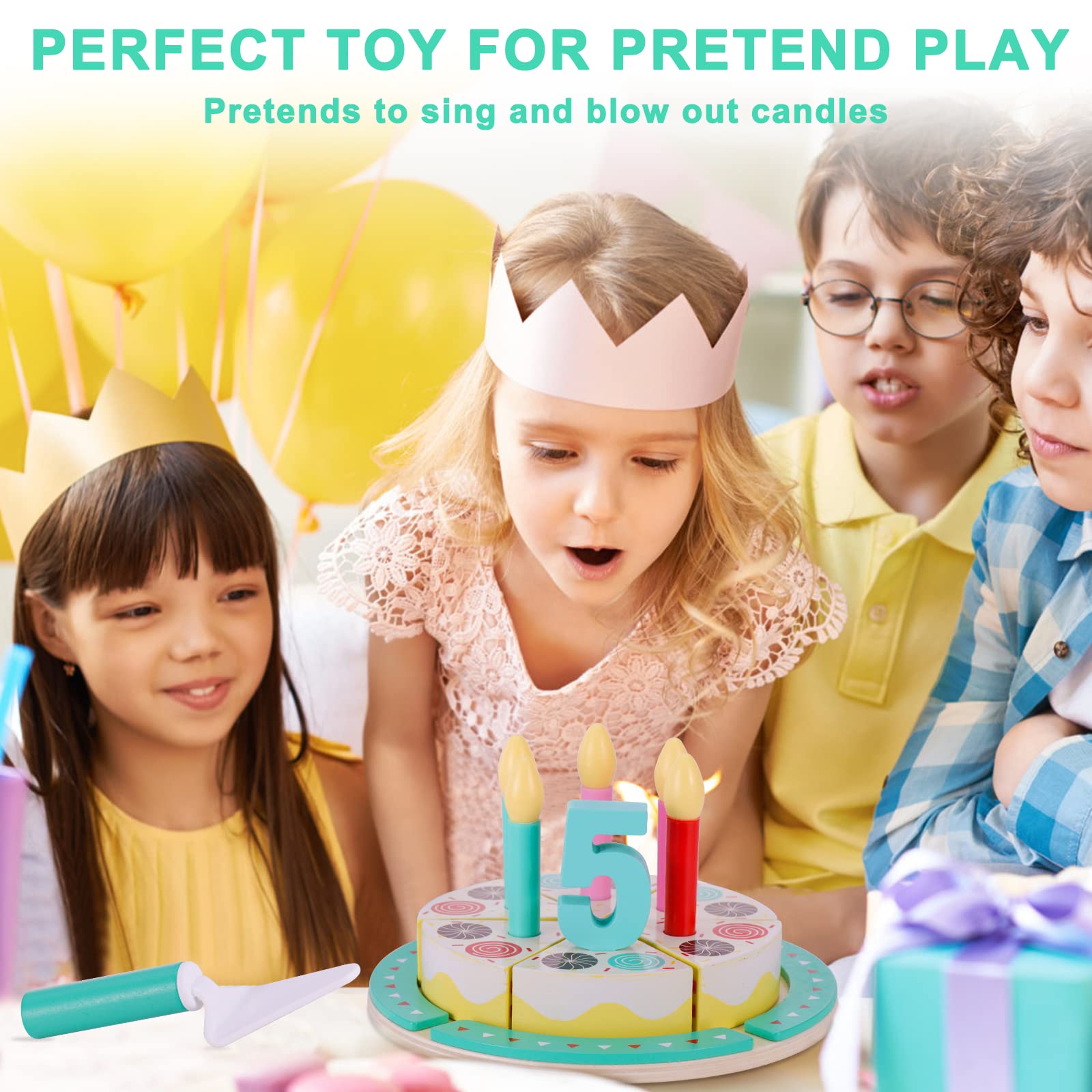 Birthday Cake Cutting Toys, Wooden Play Food Set for Kids Toddlers, Pretend Play Kitchen Toys for Boys Girls