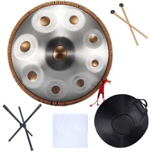 handpan drum,steel tongue drum,instrument in d minor, 9 notes, 22 inch steel hand drum with soft handpan bag, 2 handpan mallets,drum tripod, lint-free cloth