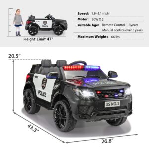 TOBBI Police Car Ride on 12V Electric Car for Kids Battery Powered Ride-on Toys Cop Cars with Remote Control, Siren, Flashing Lights, Music, Spring Suspension, Carbon Black