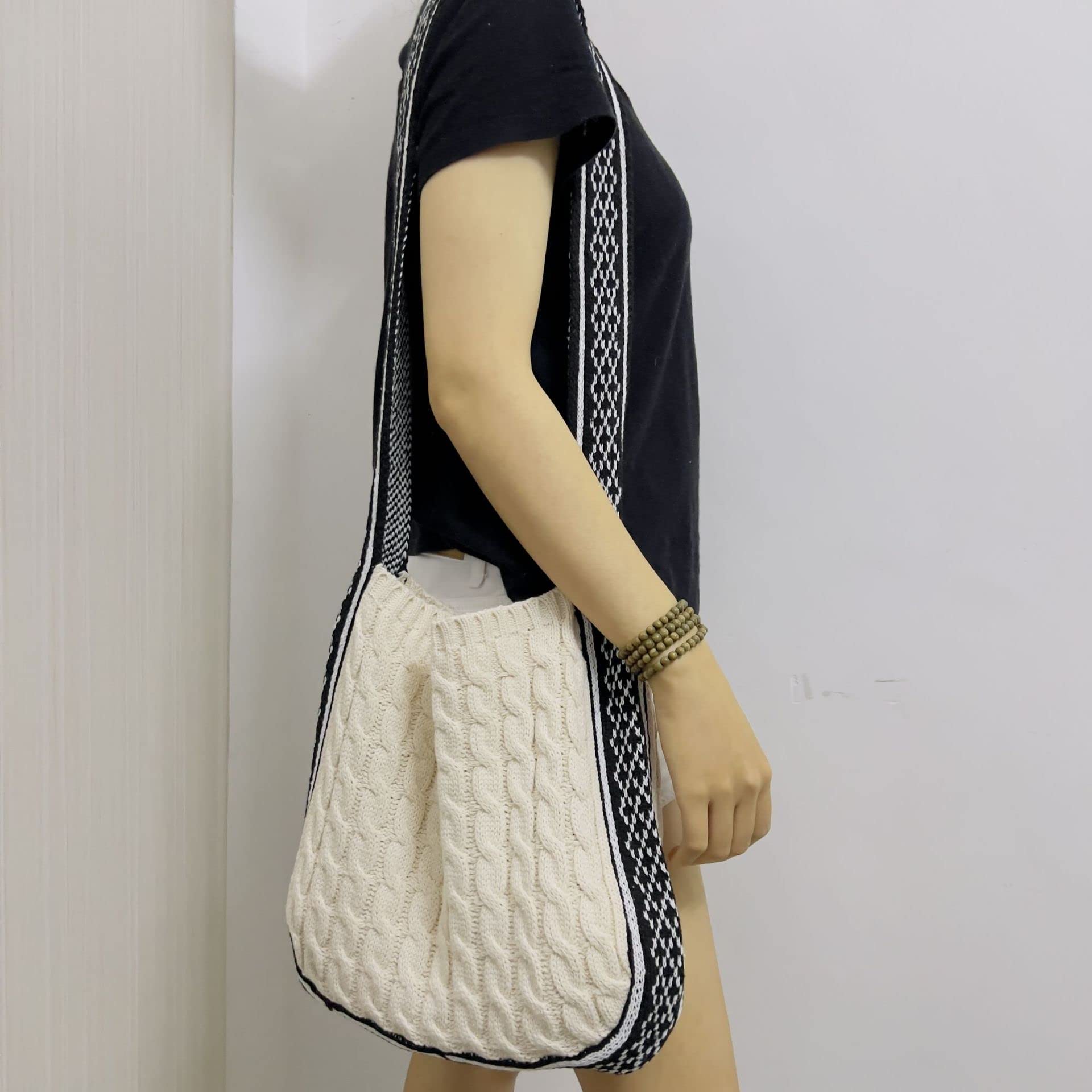 Fairy Grunge Knitted Shoulder Bags Y2K Fairycore Tote Bag Aesthetic Crochet Hobo Crossbody Bag Indie Purse Accessories (Beige)