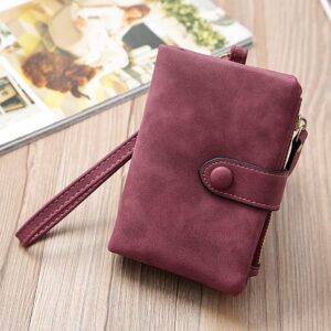 soputry Small Trifold Leather Wallet For Women, Multi Card Organizer Small Women Wallet with Zippered Coin Pocket and Wristlet, Frosted Soft Leather Wallet Card Case Purse (Purple)