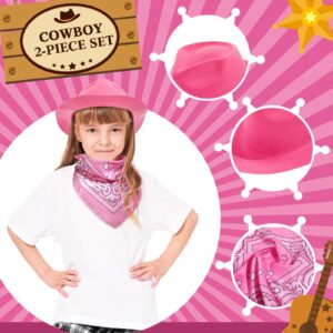 Crowye Western Cowboy Hat Set, 24 Pcs Felt Cowboy Themed Party Hats with 24 Pcs Paisley Bandanas for Adult Kids Cowboy Costume, Pink (One Size, Pink)