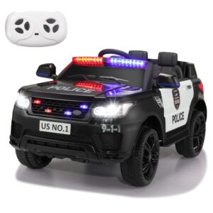 tobbi police car ride on 12v electric car for kids battery powered ride-on toys cop cars with remote control, siren, flashing lights, music, spring suspension, carbon black