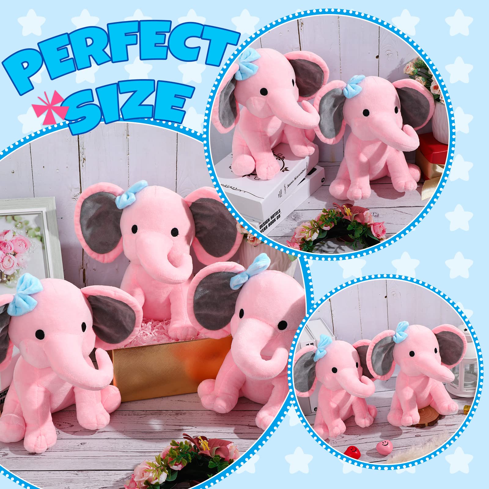 6 Pieces Elephant Stuffed Animals 9.84 Inches Soft Cute Elephant Plush Toys for Baby Shower Elephant Themed Birthday Party Supplies (Pink, Grey)