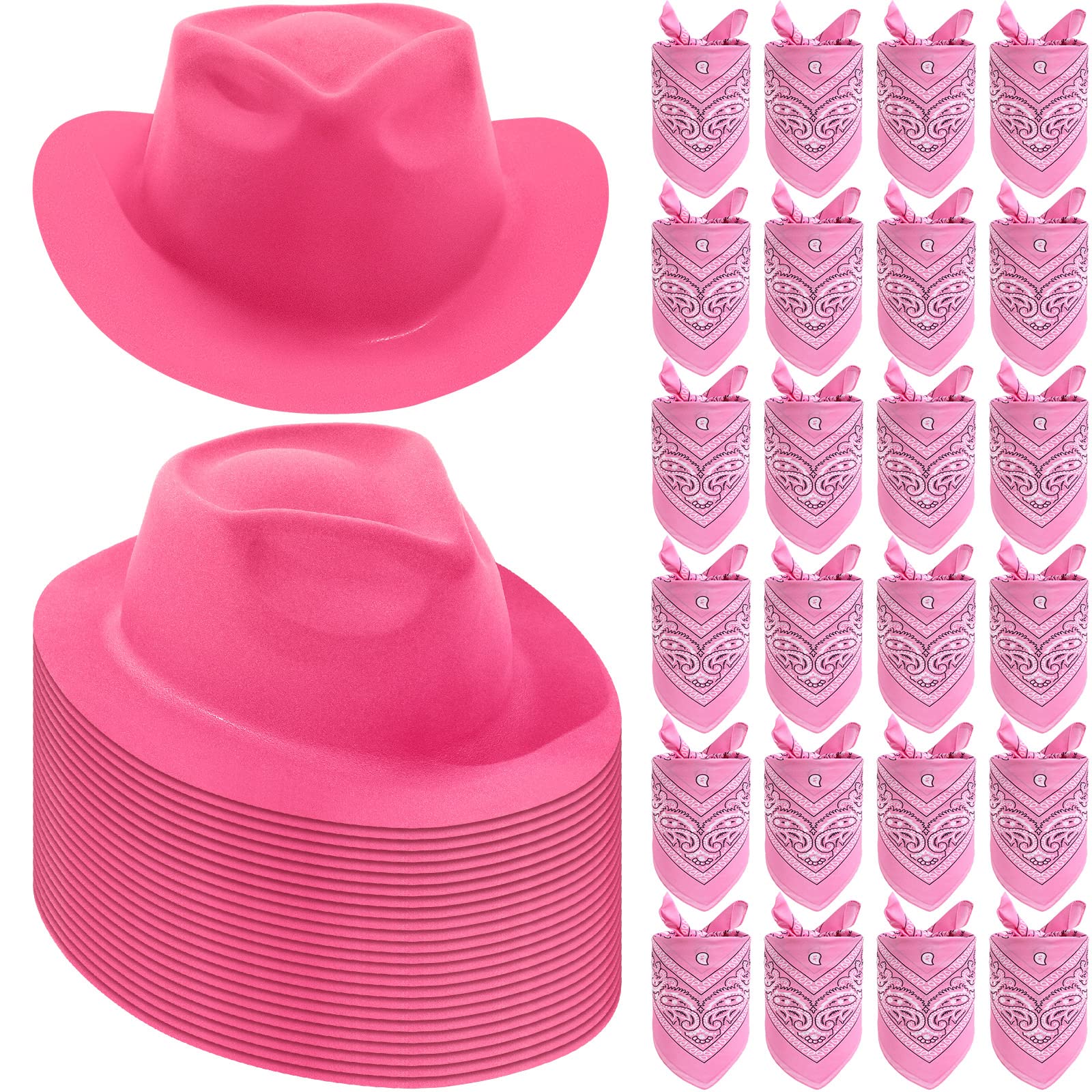 Crowye Western Cowboy Hat Set, 24 Pcs Felt Cowboy Themed Party Hats with 24 Pcs Paisley Bandanas for Adult Kids Cowboy Costume, Pink (One Size, Pink)