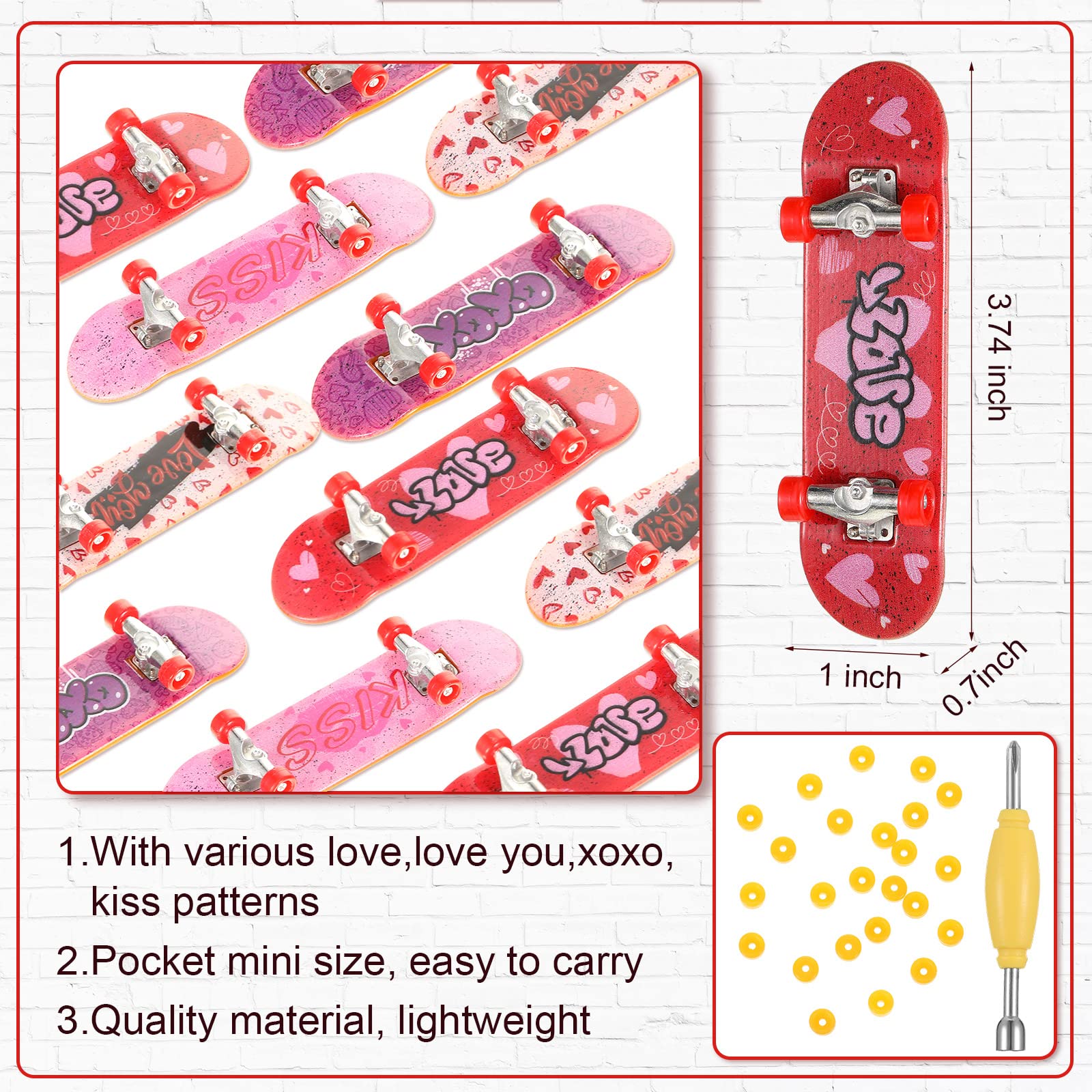 Valentines Day Gifts for Kids, 24 Pcs Kids Valentines Mini Finger Skateboards with 24 Interchangeable Wheel and Mini Screwdriver for Boy Girl Classroom Valentines Party Favor, Exchange Prizes Gift