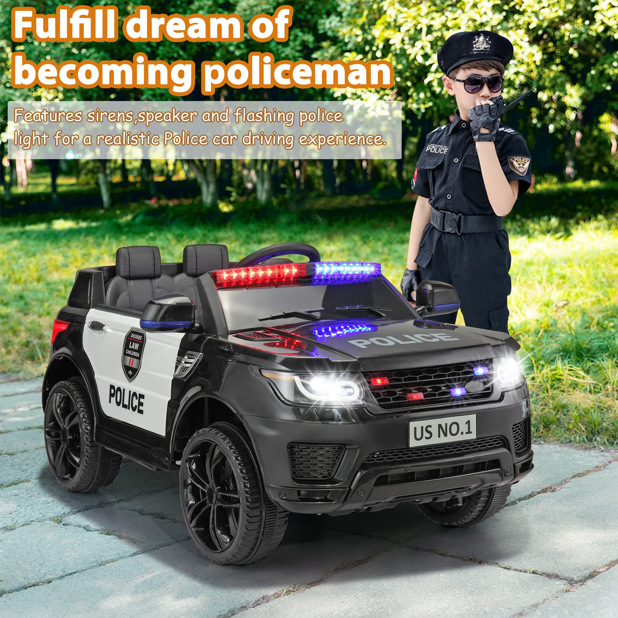 TOBBI Police Car Ride on 12V Electric Car for Kids Battery Powered Ride-on Toys Cop Cars with Remote Control, Siren, Flashing Lights, Music, Spring Suspension, Carbon Black