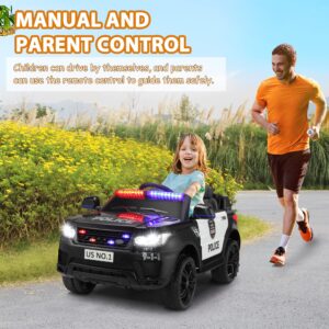 TOBBI Police Car Ride on 12V Electric Car for Kids Battery Powered Ride-on Toys Cop Cars with Remote Control, Siren, Flashing Lights, Music, Spring Suspension, Carbon Black